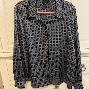 Halogen Brand Woman’s Long Sleeve Blouse, New With Tags, Black Geometric Pattern